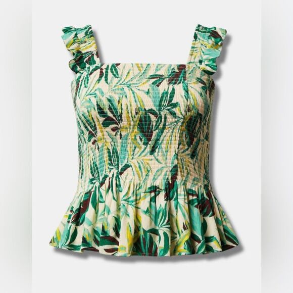 Torrid Green Tropical Floral Print Crinkle Gauze Smocked Tank Top - Picture 4 of 9